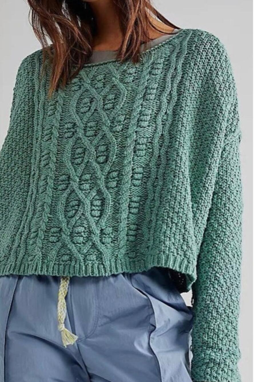 Free People Changing Tides Pullover Sweater White Spruce Green L